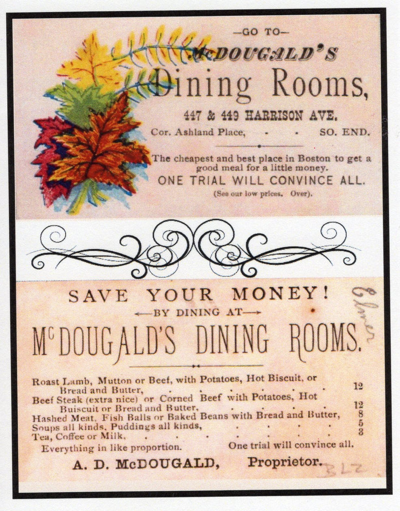 McDougald's Dining Rooms Menu, Boston ~ Note Card