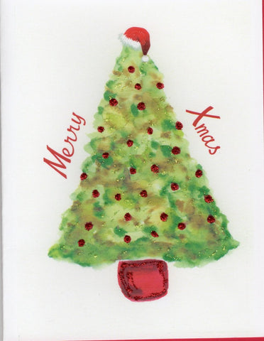 Merry X-Mas Tree with Santa Hat Holiday Watercolor Glitter Card