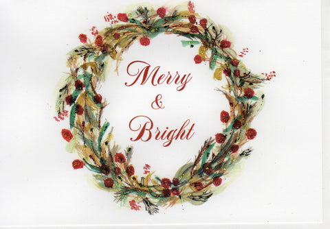 Merry & Bright Holiday Wreath Watercolor Glitter Card