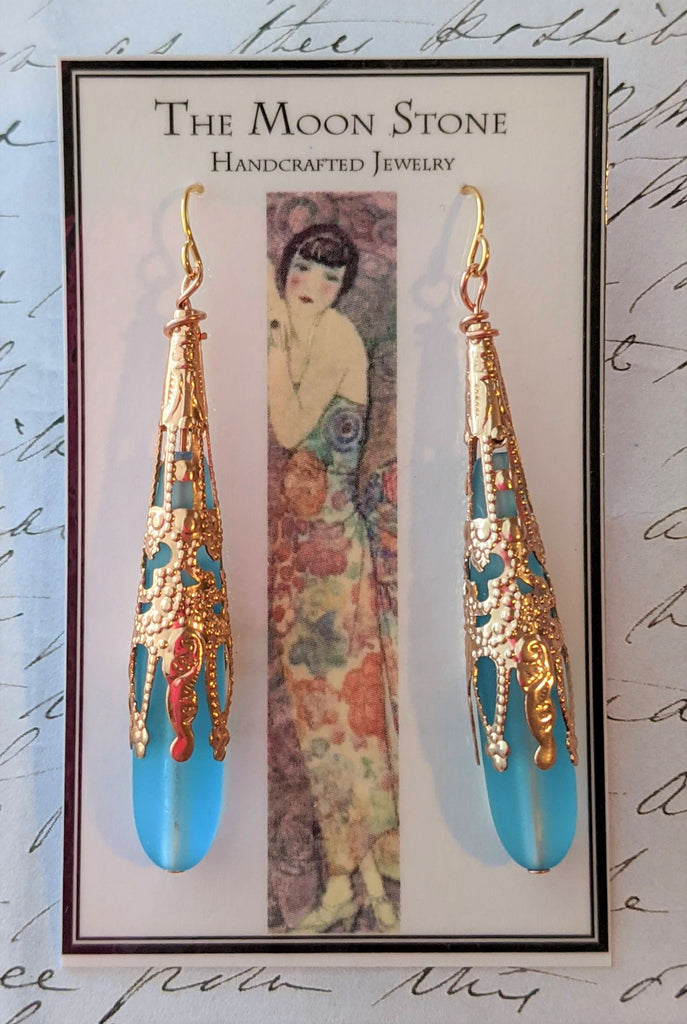 1920s Sea Glass Drop Earrings ~ Aqua Blue