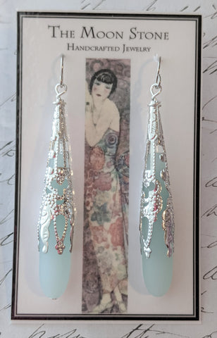 1920s Sea Glass Drop Earrings ~ Light Aqua