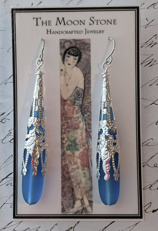 1920s Sea Glass Drop Earrings ~ Sapphire