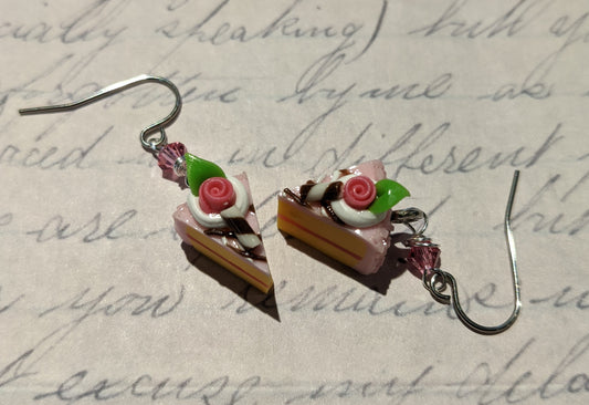 Strawberry & Chocolate Frosted Yellow Cake with Rose Earrings