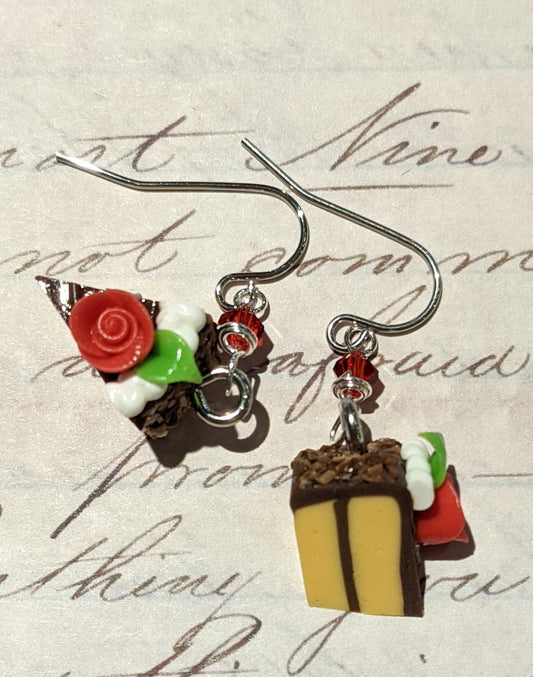 Chocolate Frosted Yellow Cake with Red Rose Earrings