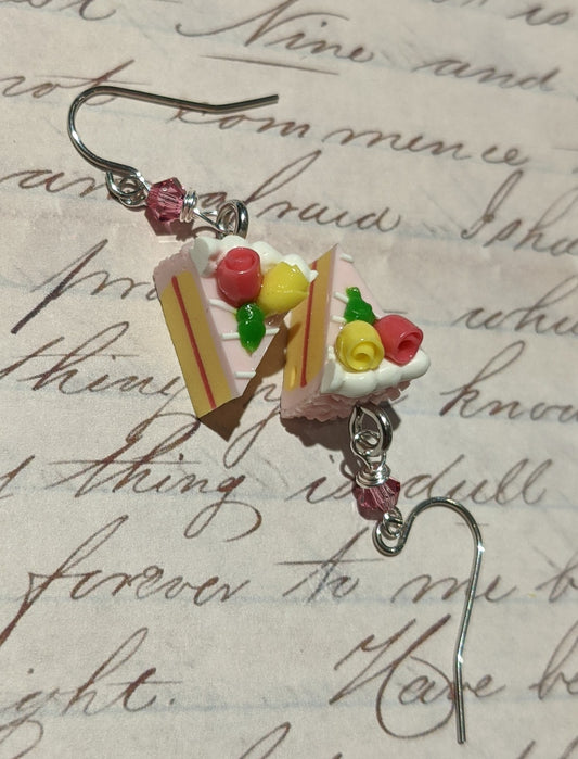 Strawberry Frosted Yellow Cake with Yellow & Pink Rose Earrings