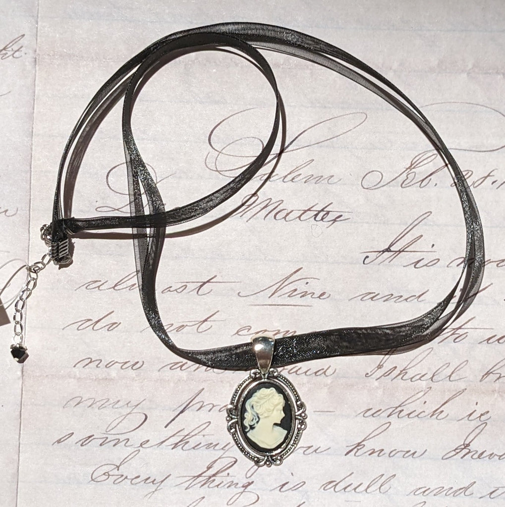 Antique Silver Cameo Ribbon Necklace