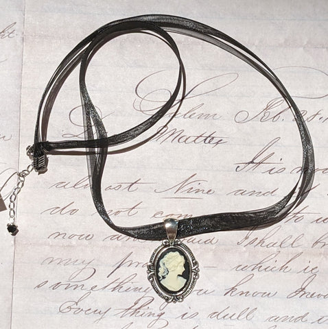 Antique Silver Cameo Ribbon Necklace