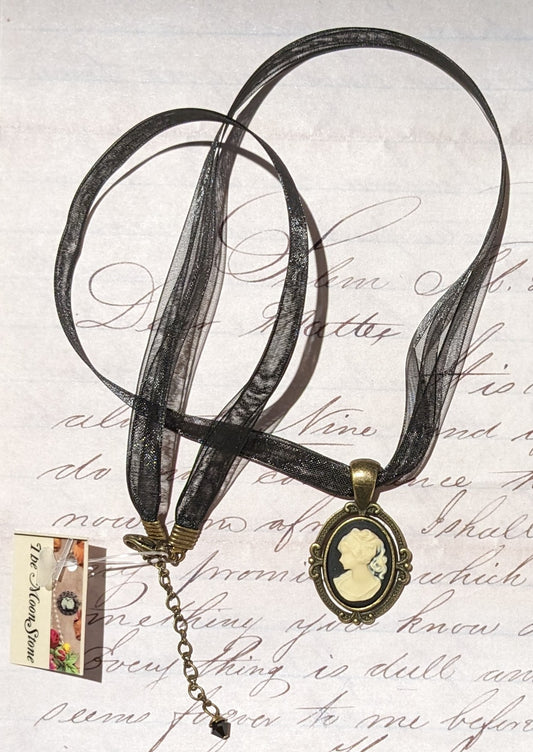 Antique Brass Cameo Ribbon Necklace
