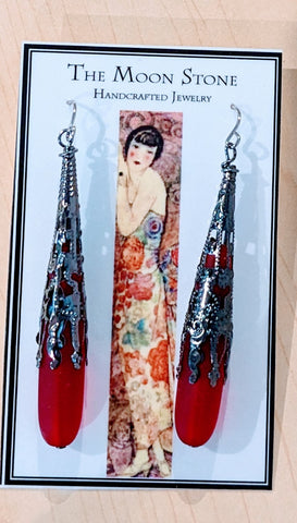 1920s Sea Glass Drop Earrings ~ Red