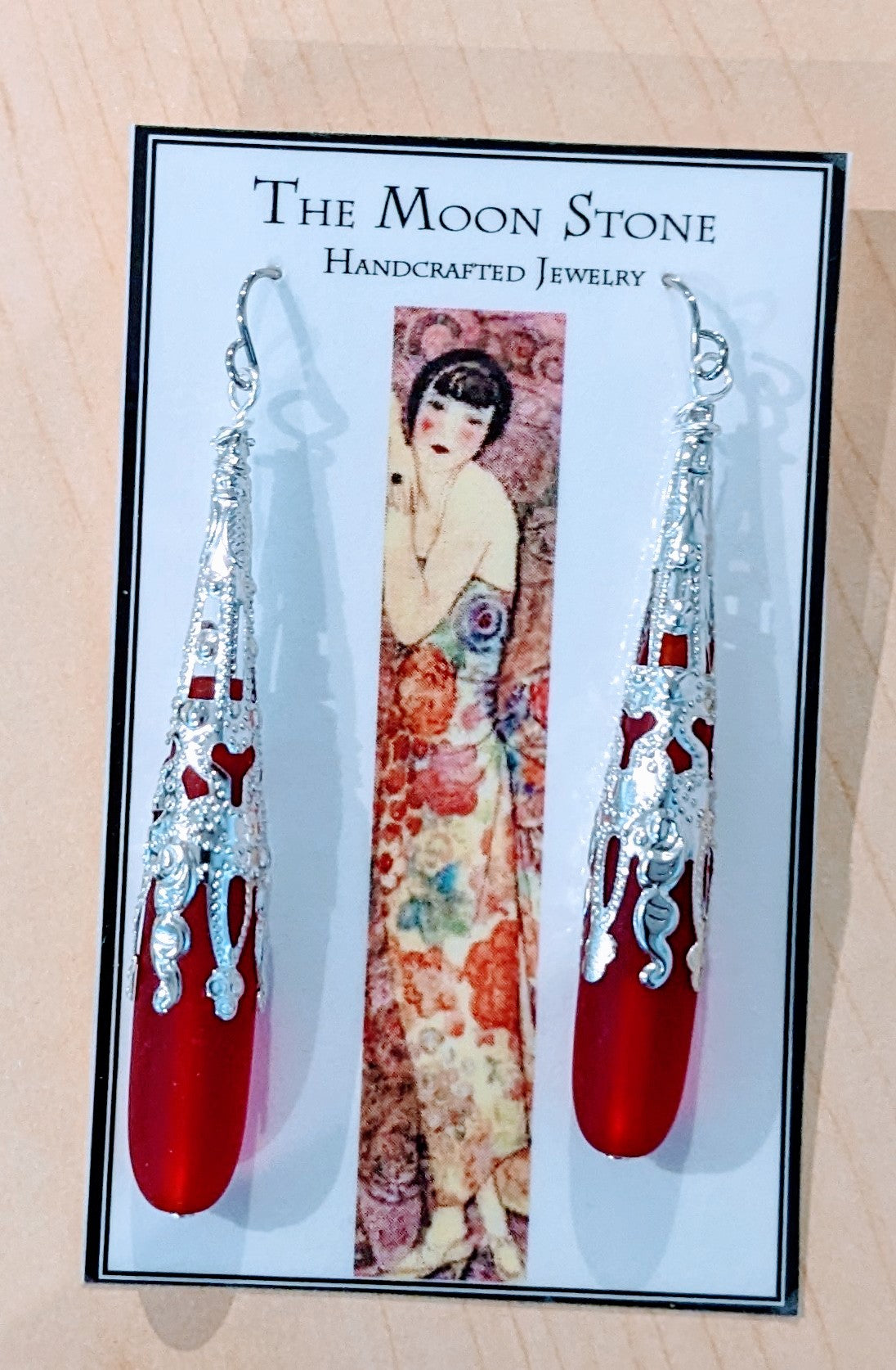 1920s Sea Glass Drop Earrings ~ Red