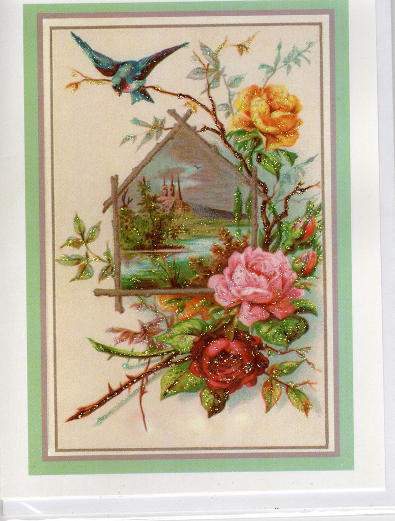 Pastoral Scene Framed by Roses Glitter Card