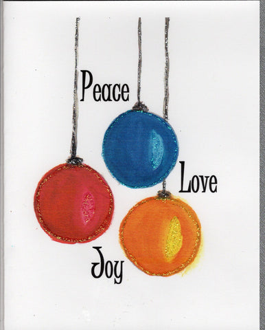 Peace Love Joy Ornament Watercolor Glitter Card