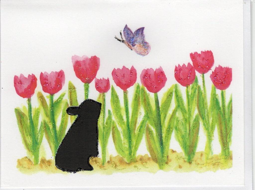 Rabbit Pondering Spring Tulips Watercolor Glitter Card