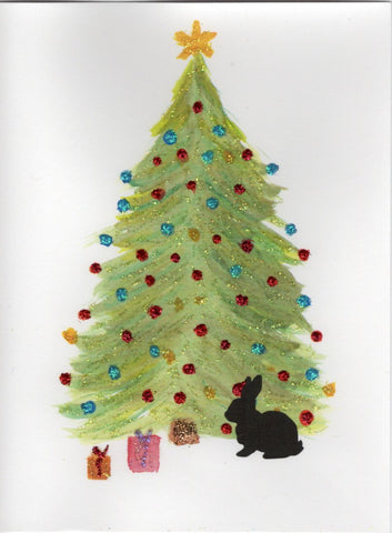 Rabbit Under Christmas Tree Watercolor Glitter Card