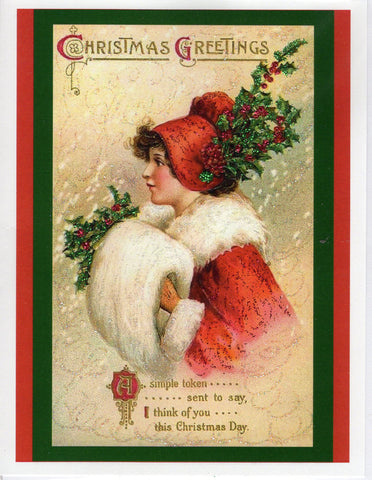 I Think of You This Christmas Day...Lady in Red Holly Bonnet Glitter Card