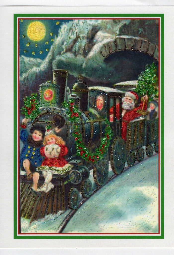 Santa on Train Glitter Card