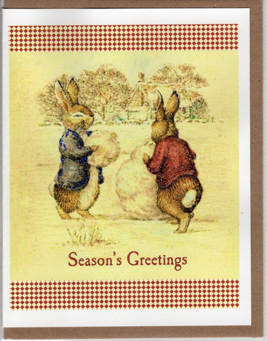 Seasons Greetings ~ Rabbits Rolling Snowballs Glitter Card