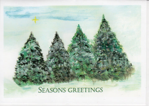 Seasons Greetings ~ Star Above Pine Trees Watercolor Glitter Card