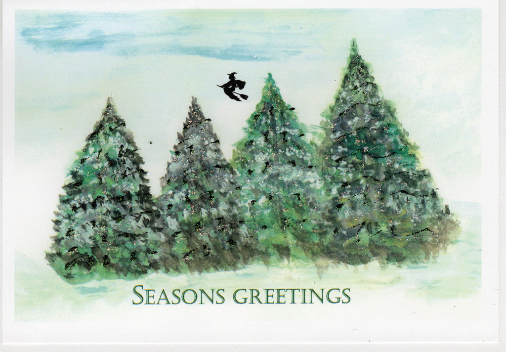 Seasons Greetings ~ Witch Above Pine Trees Watercolor Glitter Card