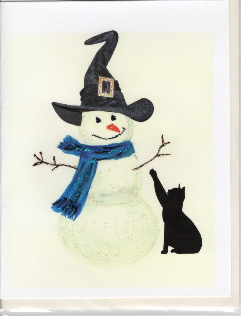 Snowman with Witch Hat and Cat Holiday Watercolor Glitter Card
