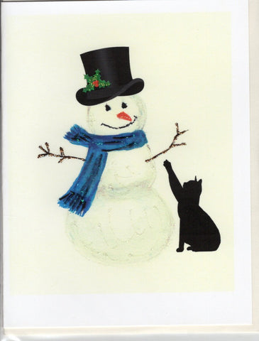 Snowman with Top Hat and Cat Holiday Watercolor Glitter Card