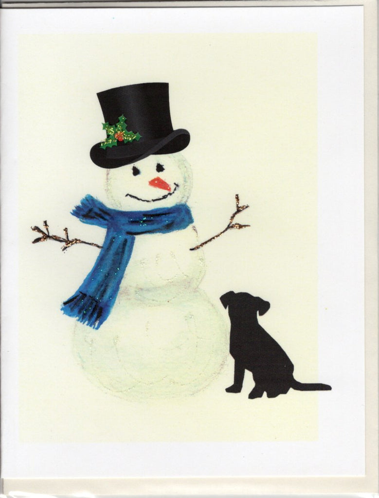 Snowman with Top Hat and Dog Holiday Watercolor Glitter Card