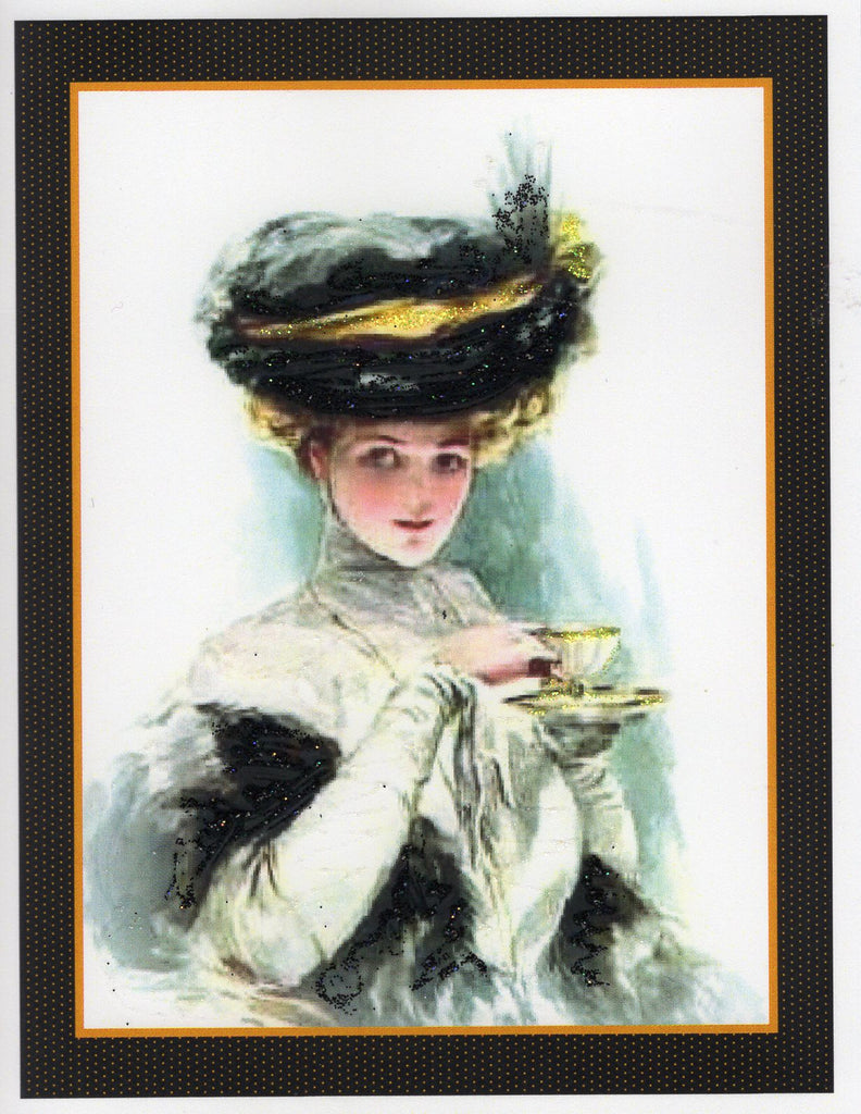 Tea Time ~ H. Fisher Lady 1900s Glitter Card