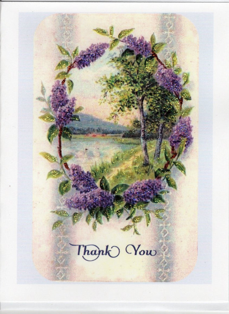 Thank You ~ Pond Scene Framed with Lilacs Glitter Card