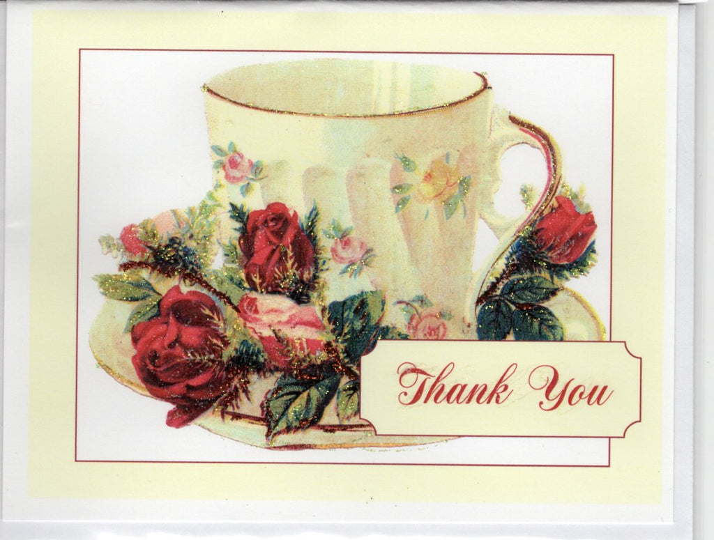 Teacup & Roses Thank You Card ~  Glitter Card