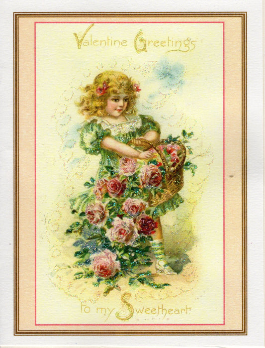 Valentine's Greetings to My Sweetheart...Girl with Basket of Roses
