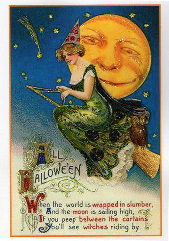 All Halloween Victorian Witch & Smiling Moon Glitter Card