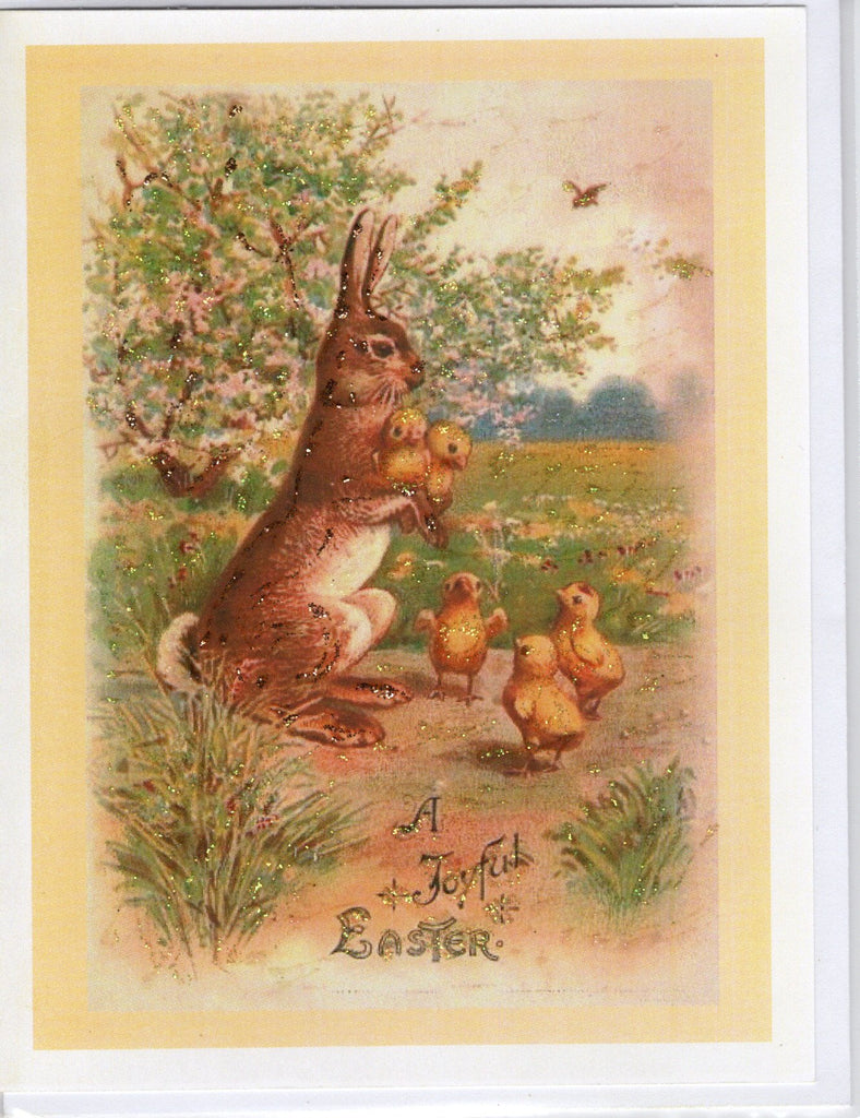 A Joyful Easter ~ Brown Rabbit & Chicks Glitter Card