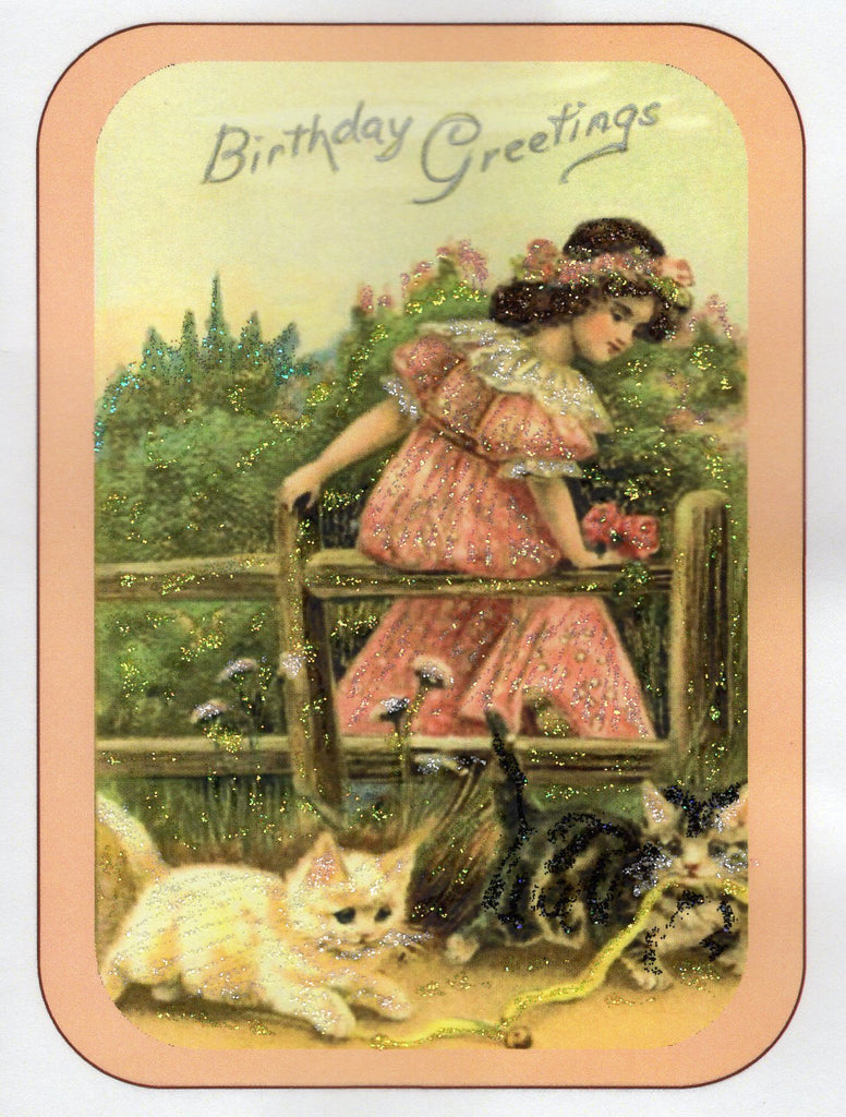 Birthday Greetings ~Girl on Fence with Kitties Glitter Card