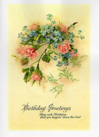 Birthday Greetings ~ Pink Roses Wreath Glitter Card