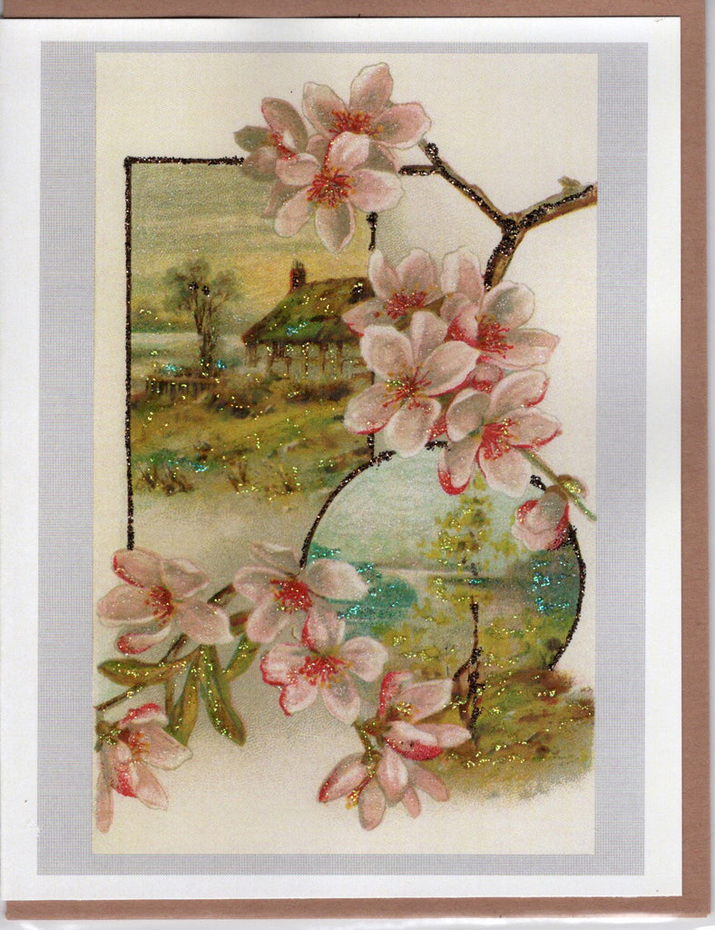 Spring Blossoms Over Landscape Glitter Card