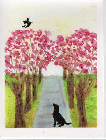Dog on Spring Avenue with Witch Watercolor Glitter Card