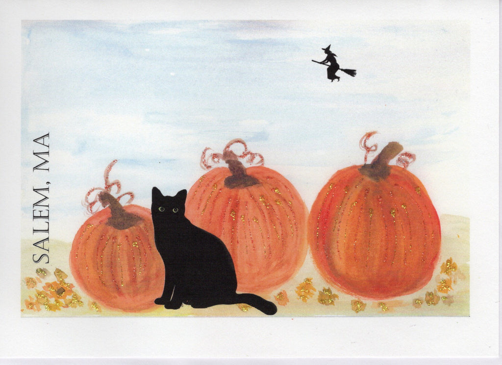 Cat Among Pumpkins Watercolor Glitter Card