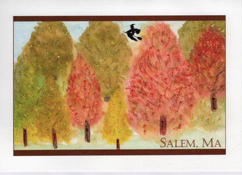 Witch Over Fall Trees Watercolor Glitter Card