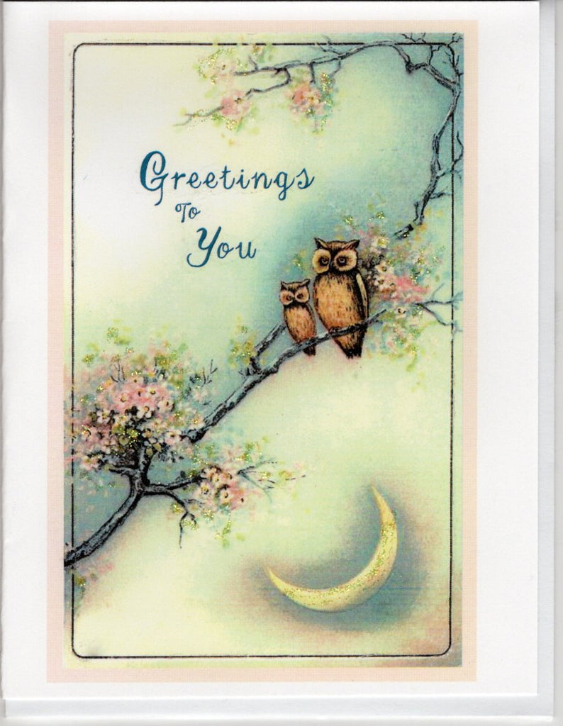 Greetings to You ~ Owls on Spring Branch Glitter Card