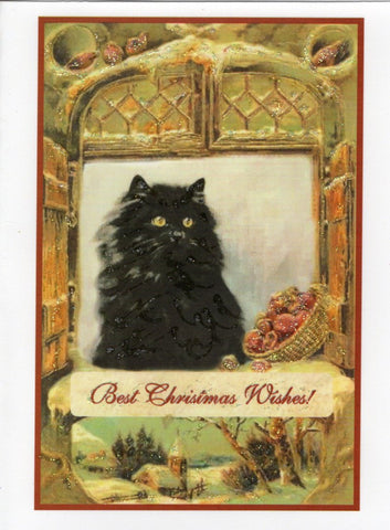 Best Christmas Wishes Black Cat at Frosted Window Glitter Card