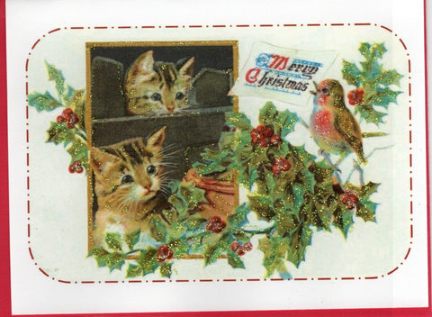 Merry Christmas Two Kittens with Bird Glitter Card