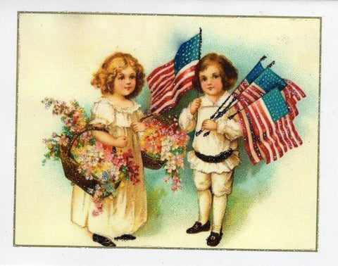 Children, Ol' Glory, & Flowers ~ Fourth of July Glitter Card