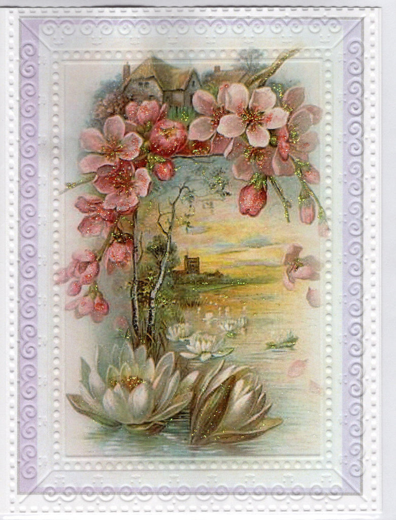 Pond Lily Pastoral Scene Embossed Glitter Card