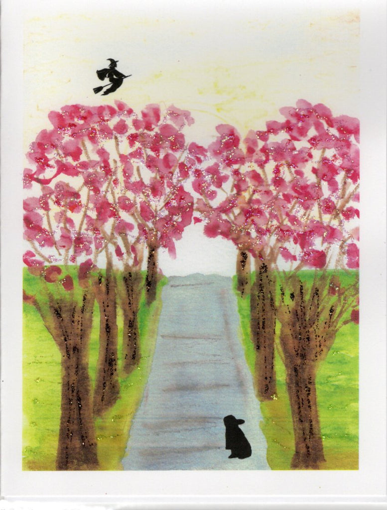 Rabbit on Spring Avenue with Witch Watercolor Glitter Card