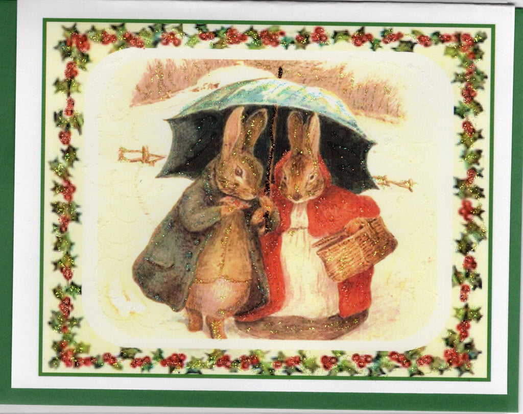 Rabbits Under Umbrella Holiday Glitter Card